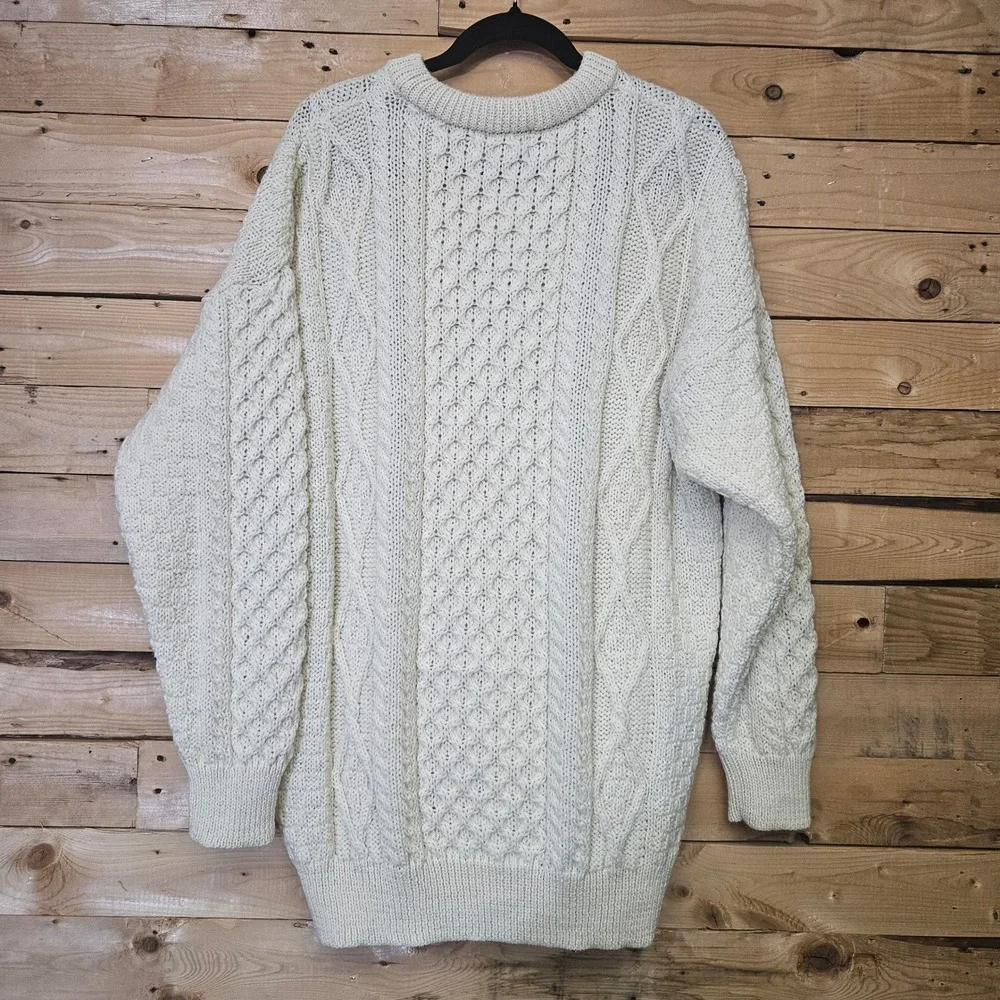 The Irish Store Mens XXL Cream 100% Wool Aran Cable Knit Fisherman Sweater